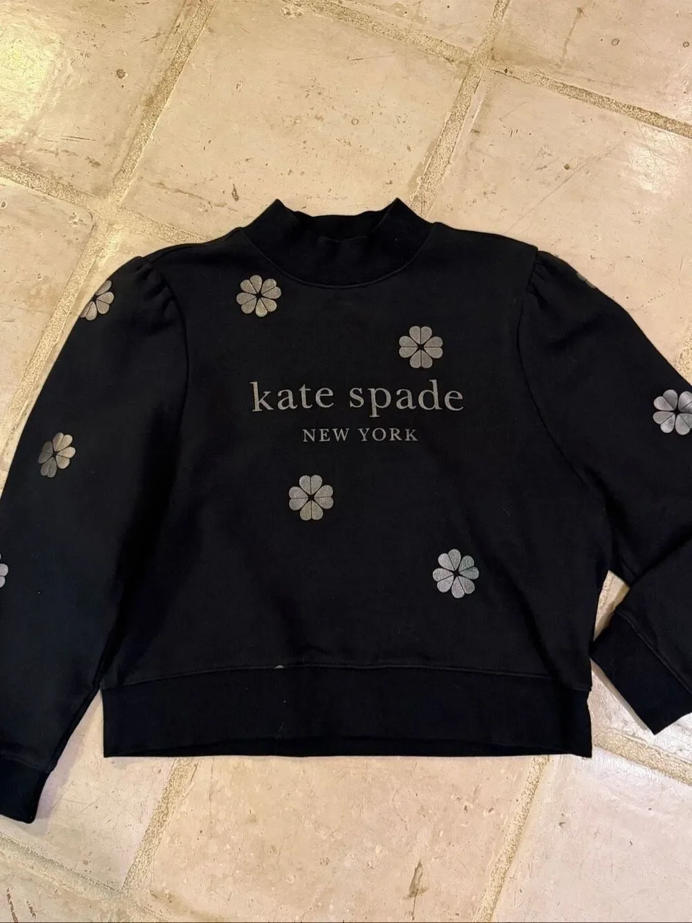 Kate Spade, New York flower sweatshirt, black with metallic silver flowers in si